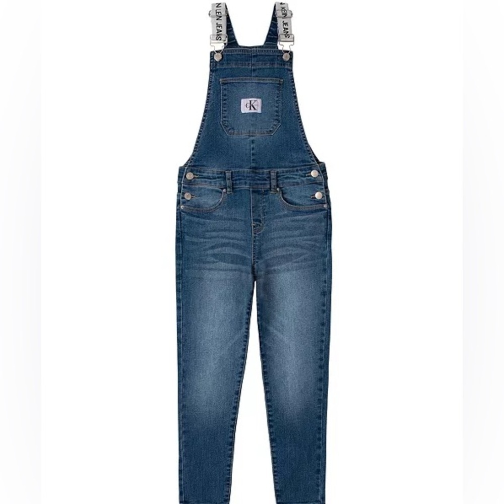 CALVIN KLEIN NWOT Skinny Denim Overall Girls' 12 Pockets Buttons Logo Strap